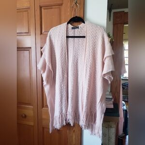 NWOT Pink Fringe Open-Front Ruffle Cascade Poncho Style Sweater Cardigan S-M